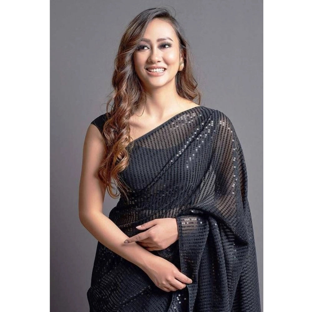 Generic Women's Georgette Embellished Sequnece Bollywood Saree With Unstitched Blouse 5.5Mtr (Black)