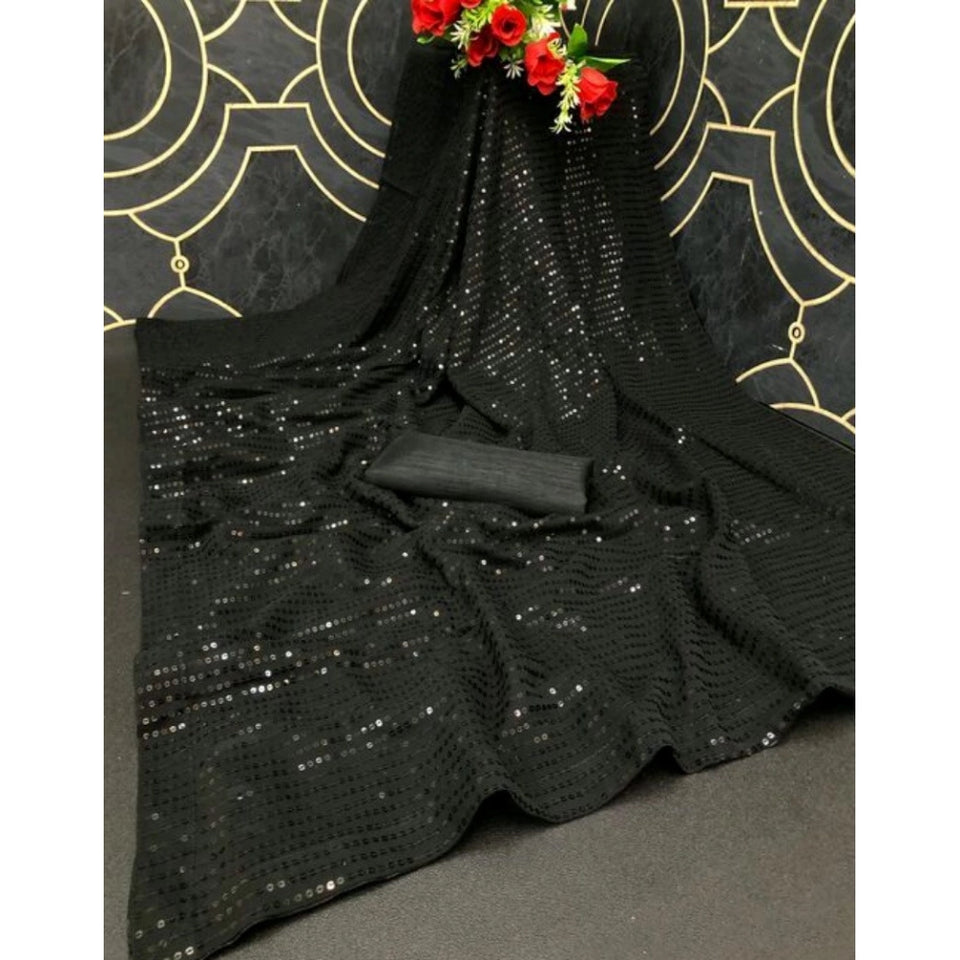 Generic Women's Georgette Embellished Sequnece Bollywood Saree With Unstitched Blouse 5.5Mtr (Black)
