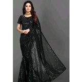 Generic Women's Georgette Embellished Sequnece Bollywood Saree With Unstitched Blouse 5.5Mtr (Black)