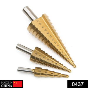 Set of large HSS step cone drills with titanium coating.