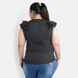 Generic Women's Casual Flutter Sleeve Polka Print Black Top (Color:Black, Material:Crepe)