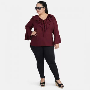 Generic Women's Casual Bell Sleeve Solid Maroon Top (Color:Maroon, Material:Georgette)