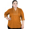 Generic Women's Casual Three Fourth Sleeve Embroidered Yellow Top (Color:Yellow, Material:Cotton Linen Blend)