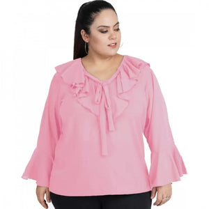 Generic Women's Casual Bell Sleeve Solid Pink Top (Color:Pink, Material:Georgette)