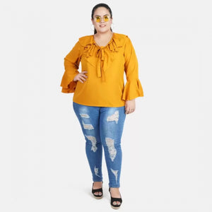 Generic Women's Casual Bell Sleeve Solid Yellow Top (Color:Yellow, Material:Georgette)