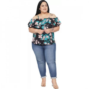 Generic Women's Casual Floral Print Black Top (Color:Black, Material:Polyester)