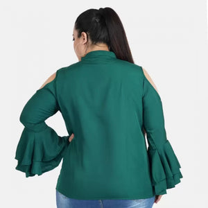 Generic Women's Casual Bell Sleeve Solid Green Top (Color:Green, Material:Crepe)