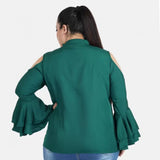 Generic Women's Casual Bell Sleeve Solid Green Top (Color:Green, Material:Crepe)