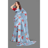 Generic Women's Satin Patta Printed Saree With Unstitched Blouse (Grey)