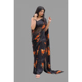 Generic Women's Satin Patta Printed Saree With Unstitched Blouse (Orange)