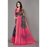 Generic Women's Viscose Rayon Printed Saree With Unstitched Blouse (Navy Blue)