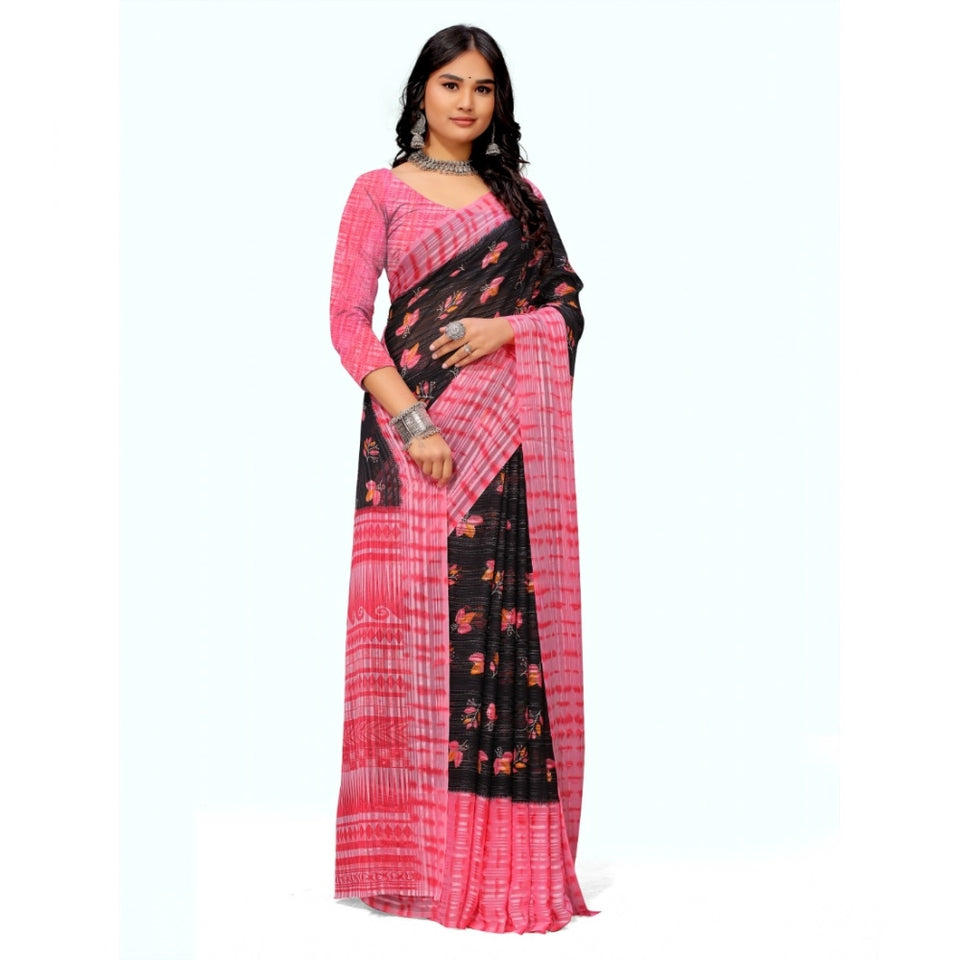 Generic Women's Georgette Printed Saree With Unstitched Blouse (Pink)