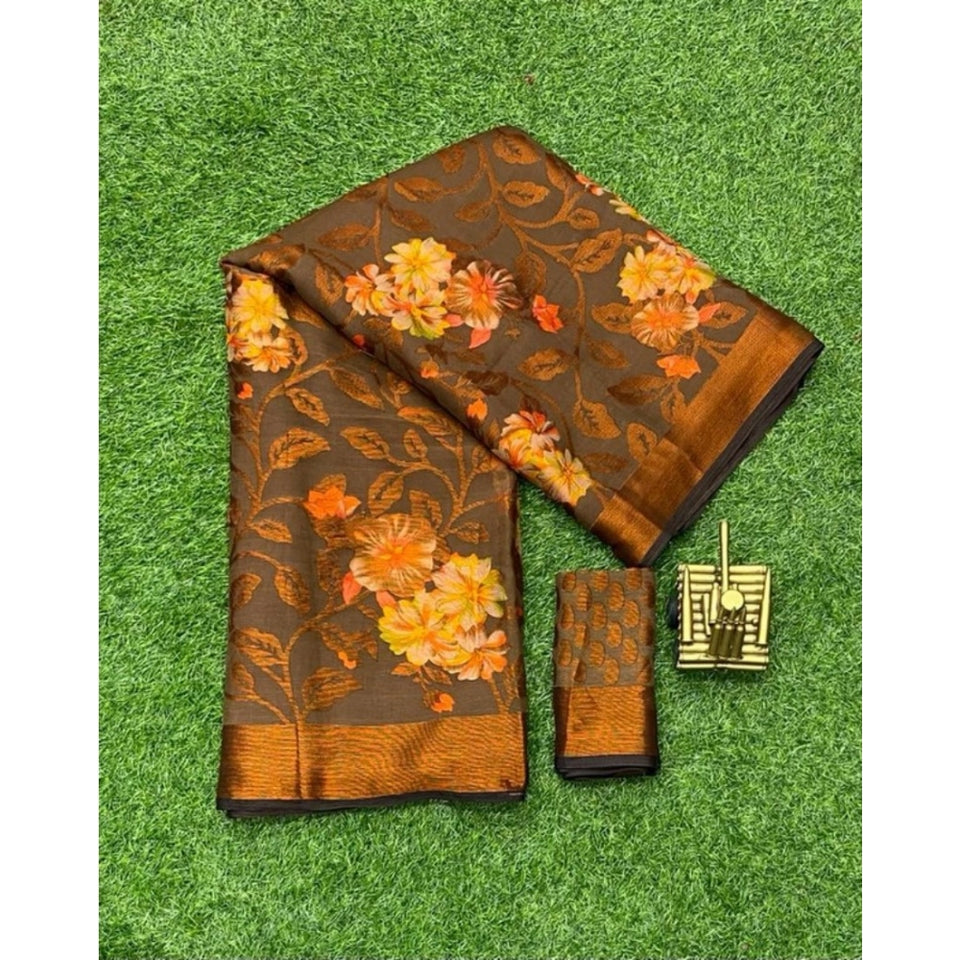 Generic Women's Viscose Rayon Printed Saree With Unstitched Blouse (Brown)