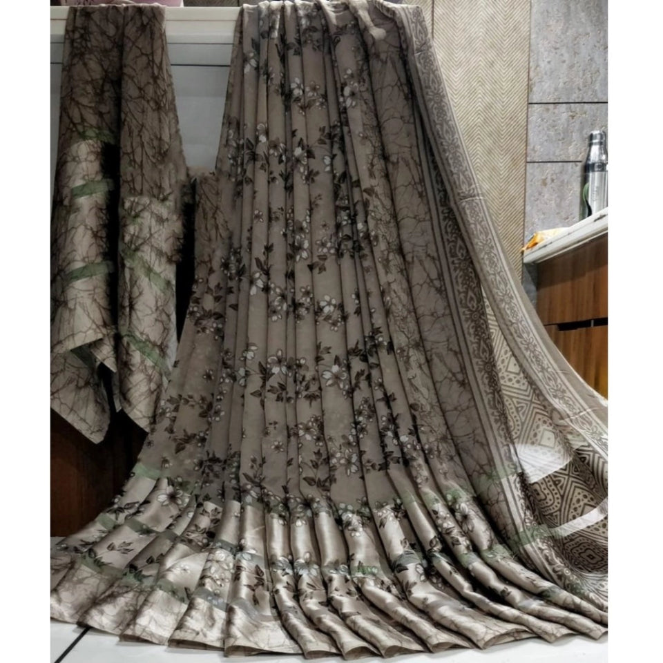Generic Women's Satin Patta Printed Saree With Unstitched Blouse (Grey)