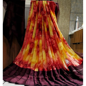 Generic Women's Satin Patta Printed Saree With Unstitched Blouse (Purple)