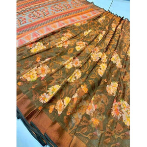 Generic Women's Viscose Rayon Printed Saree With Unstitched Blouse (Green)
