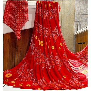 Generic Women's Georgette Printed Saree With Unstitched Blouse (Red)