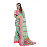 Generic Women's Viscose Rayon Printed Saree With Unstitched Blouse (Teal)