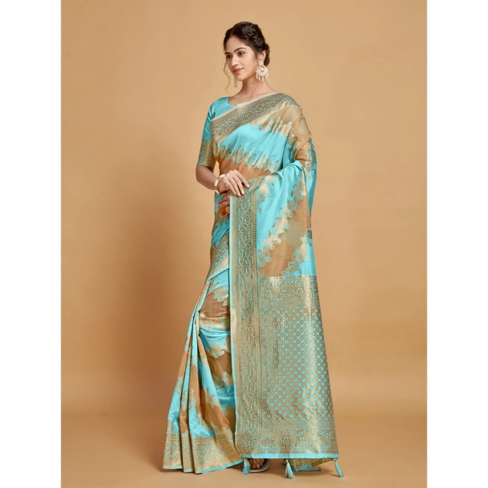 Generic Women's Linen Printed Saree With Unstitched Blouse (Sky Blue, 5-6 Mtrs)