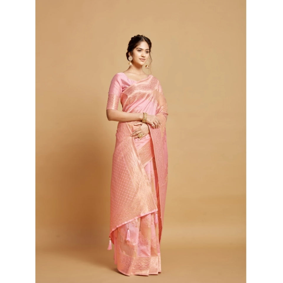 Generic Women's Linen Printed Saree With Unstitched Blouse (Pink, 5-6 Mtrs)