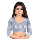 Generic Women's Cotton Silk Floral Saree With Unstitched Blouse (Grey, 5.5 Mtr)
