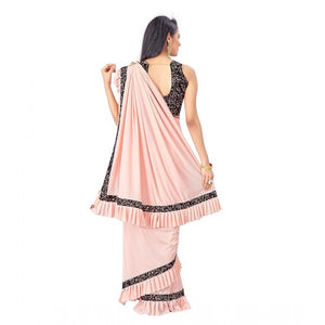 Generic Women's Lycra Solid Saree With Unstitched Blouse (Peach, 5.5 Mtr)