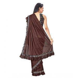Generic Women's Lycra Solid Saree With Unstitched Blouse (Brown, 5.5 Mtr)