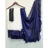 Generic Women's Silk With Mirror Lace Solid Saree With Unstitched Blouse (Blue, 5-5 Mtrs)