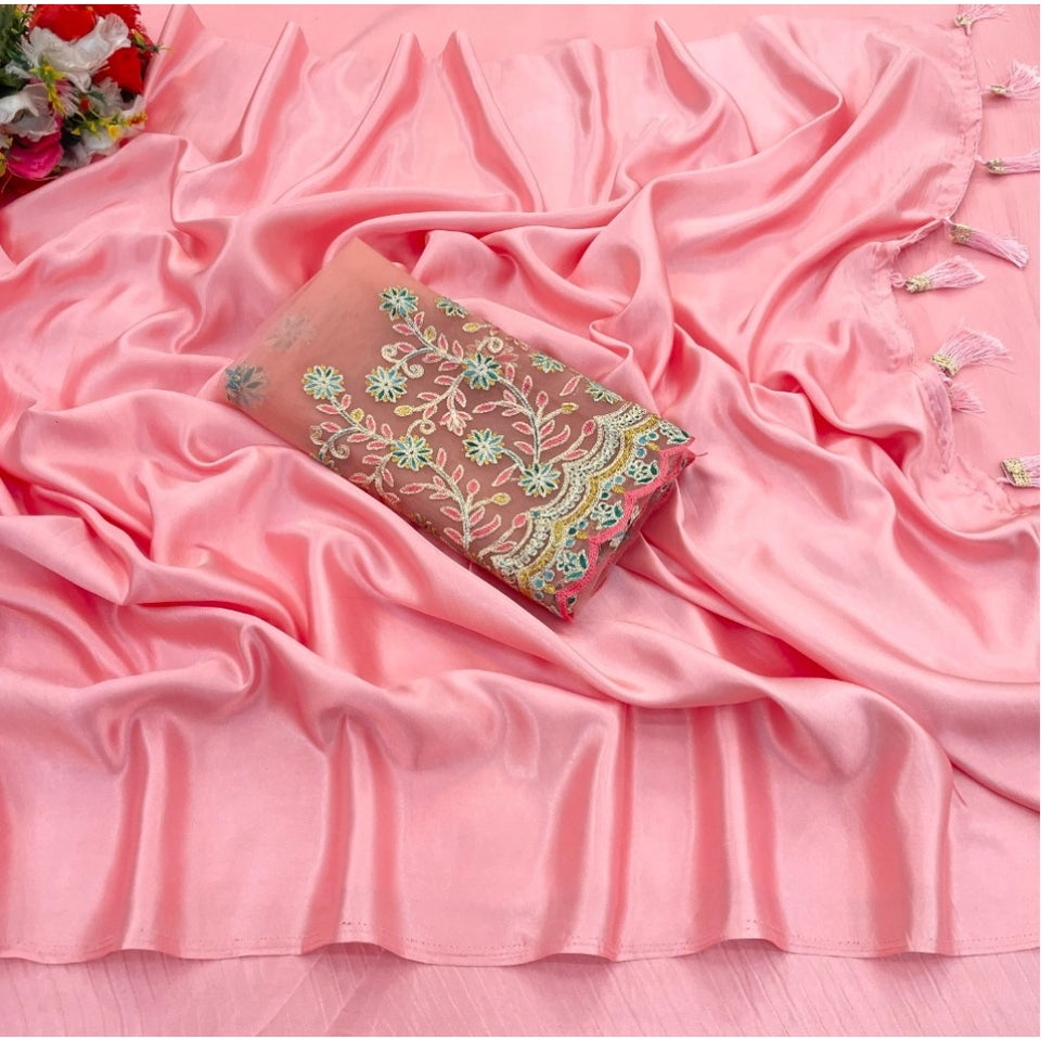 Generic Women's Satin Solid Saree With Unstitched Blouse (Pink, 5-5 Mtrs)