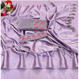 Generic Women's Satin Solid Saree With Unstitched Blouse (Purple, 5-5 Mtrs)