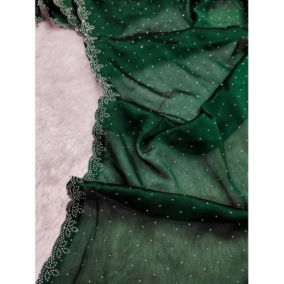 Generic Women's Georgette Satin Silk Saree With Unstitched Blouse 5.5Mtr (Green)