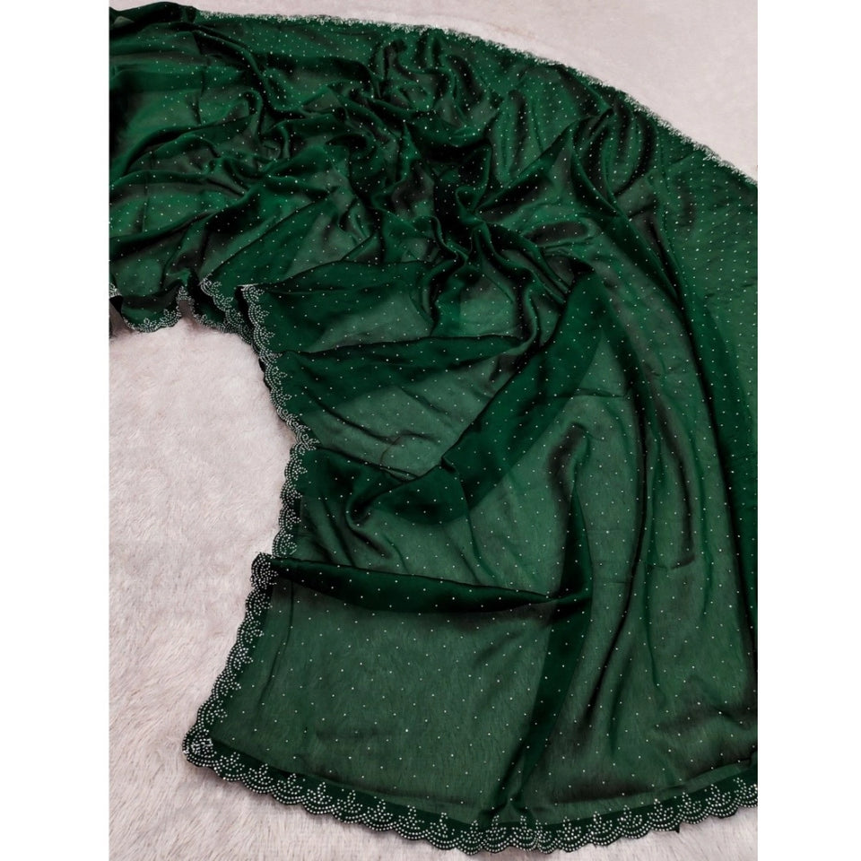 Generic Women's Georgette Satin Silk Saree With Unstitched Blouse 5.5Mtr (Green)