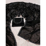 Generic Women's Georgette Satin Silk Saree With Unstitched Blouse 5.5Mtr (Black)