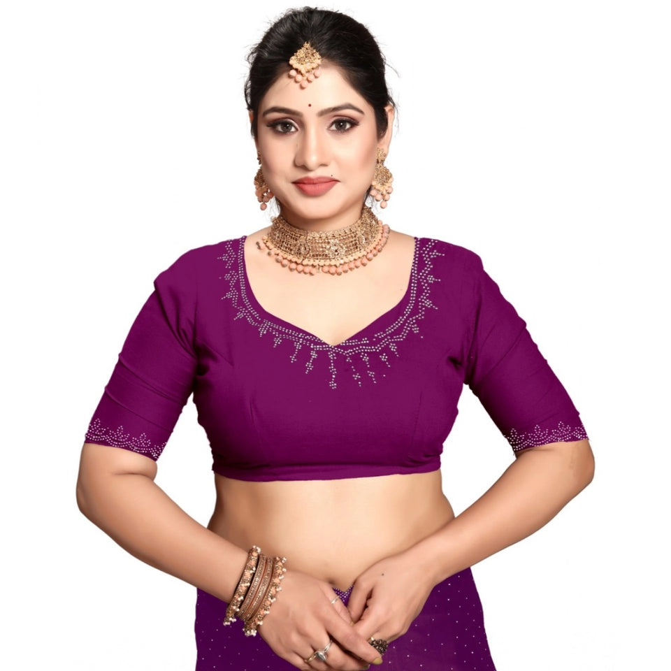 Generic Women's Georgette Satin Silk Saree With Unstitched Blouse 5.5Mtr (Wine)