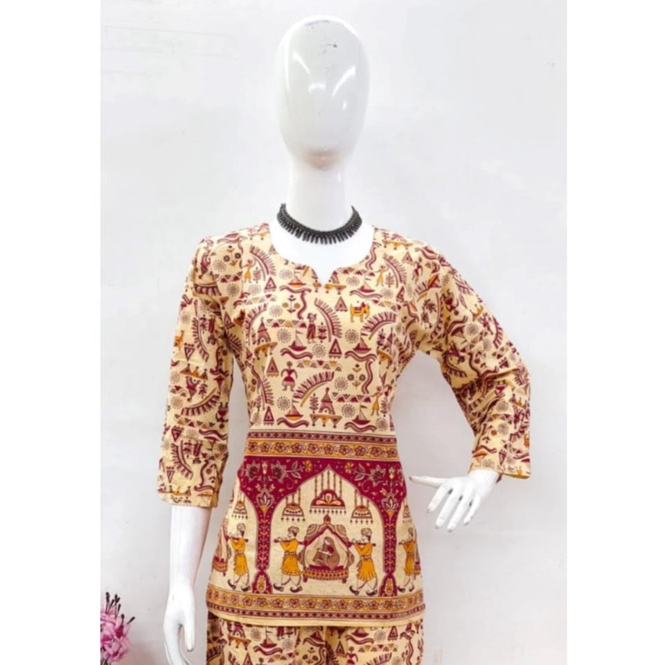 Generic Women's Cotton Jaipuri Printed 3-4th Sleeve Co ord Set (Multicolor)