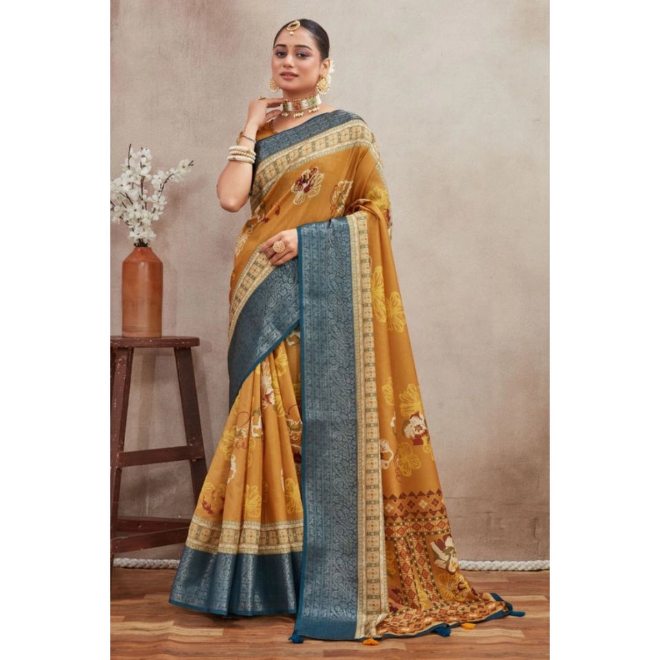 Generic Women's Crepe Silk Printed Saree With Unstitched Blouse 5.5Mtr (Mustard)