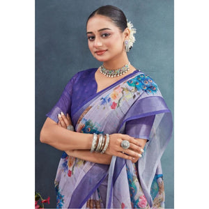 Generic Women's Linen Floral Printed Saree With Unstitched Blouse 5.5Mtr (Purple)