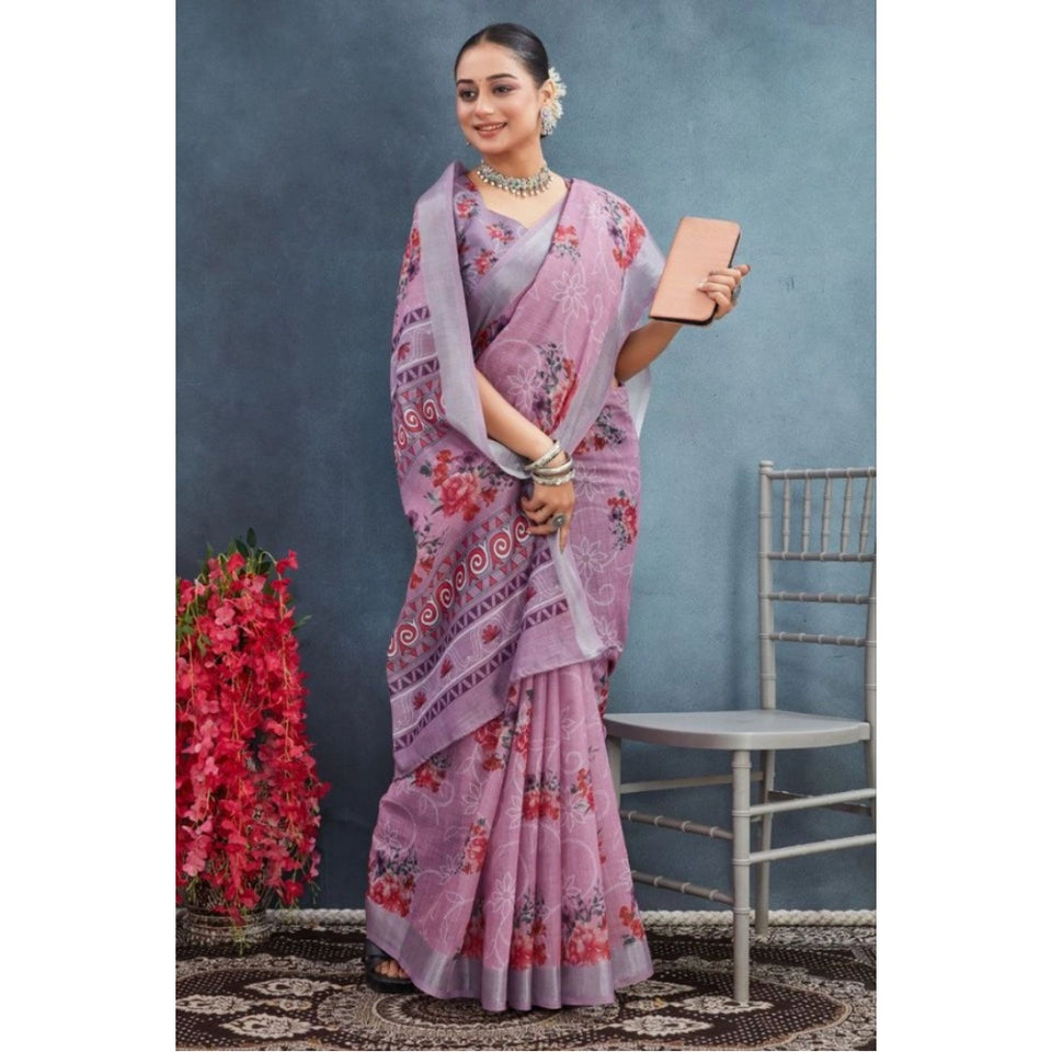 Generic Women's Linen Floral Printed Saree With Unstitched Blouse 5.5Mtr (Purple)