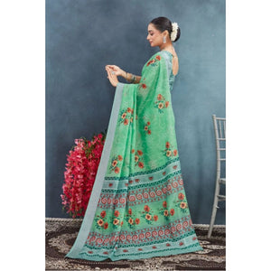 Generic Women's Linen Floral Printed Saree With Unstitched Blouse 5.5Mtr (Green)