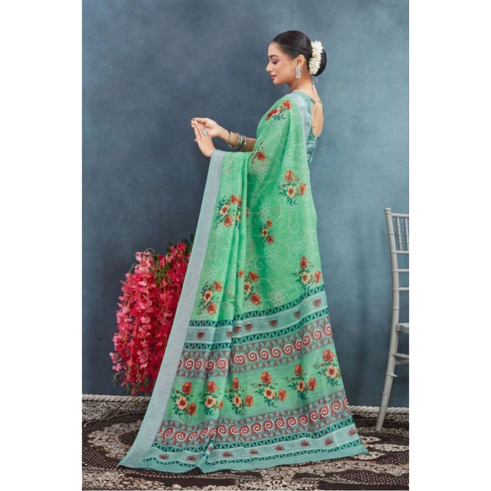 Generic Women's Linen Floral Printed Saree With Unstitched Blouse 5.5Mtr (Green)