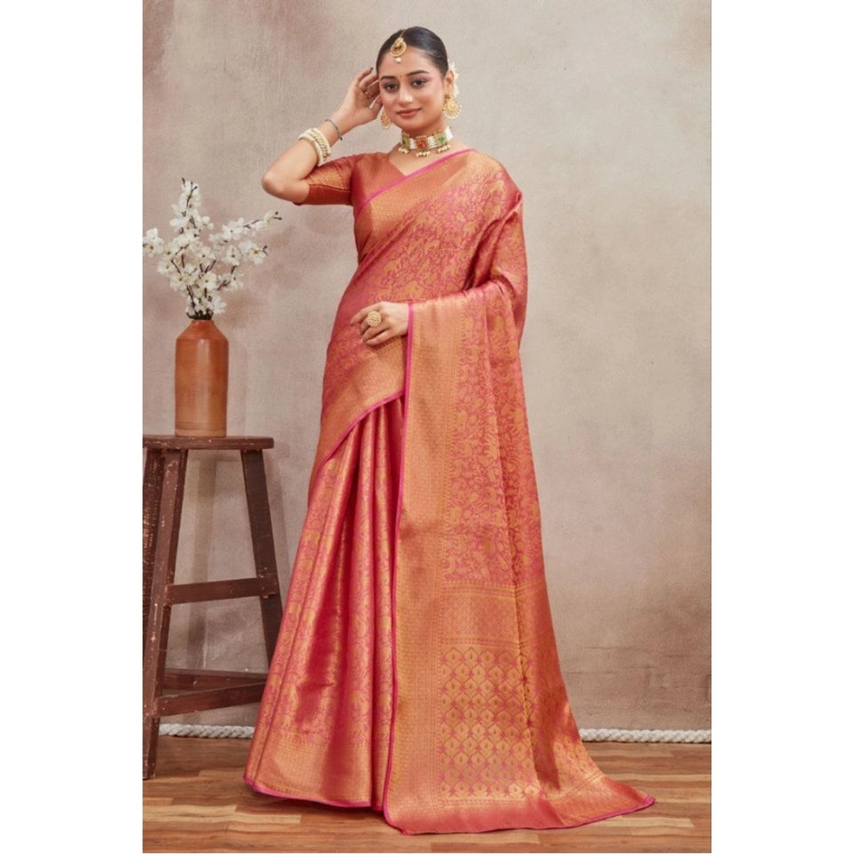Generic Women's Silk Blend Floral Printed Saree With Unstitched Blouse 5.5Mtr (Peach)