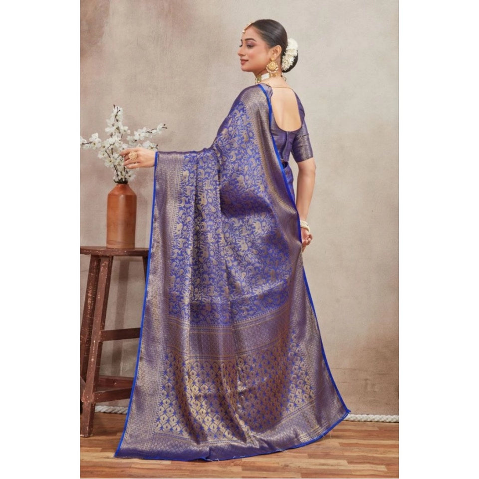 Generic Women's Silk Blend Floral Printed Saree With Unstitched Blouse 5.5Mtr (Royal Blue)