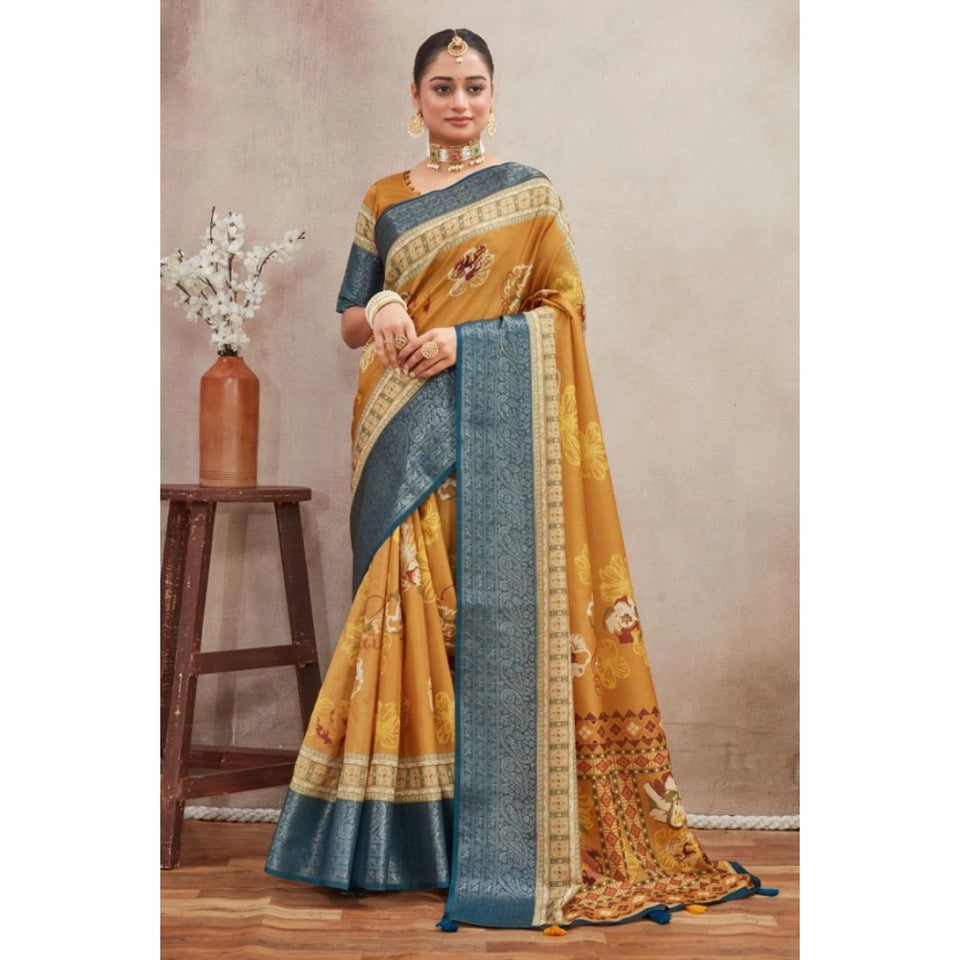 Generic Women's Crepe Silk Printed Saree With Unstitched Blouse 5.5Mtr (Mustard)