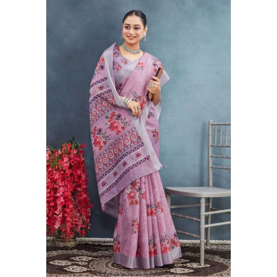 Generic Women's Linen Floral Printed Saree With Unstitched Blouse 5.5Mtr (Purple)