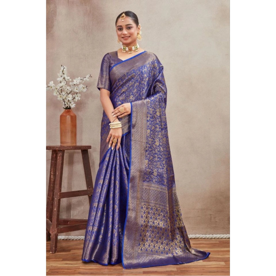 Generic Women's Silk Blend Floral Printed Saree With Unstitched Blouse 5.5Mtr (Royal Blue)
