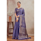 Generic Women's Silk Blend Floral Printed Saree With Unstitched Blouse 5.5Mtr (Royal Blue)