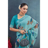 Generic Women's Linen Floral Printed Saree With Unstitched Blouse 5.5Mtr (Aqua)