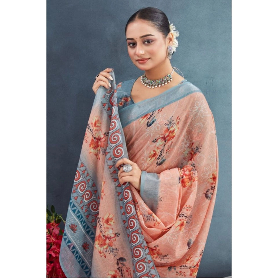 Generic Women's Linen Floral Printed Saree With Unstitched Blouse 5.5Mtr (Orange)