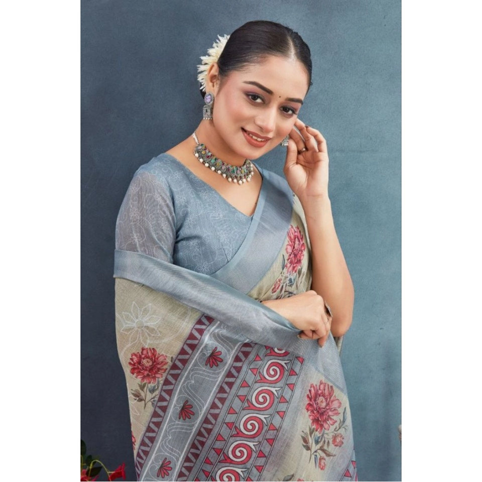 Generic Women's Linen Floral Printed Saree With Unstitched Blouse 5.5Mtr (Beige)