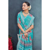 Generic Women's Linen Floral Printed Saree With Unstitched Blouse 5.5Mtr (Aqua)